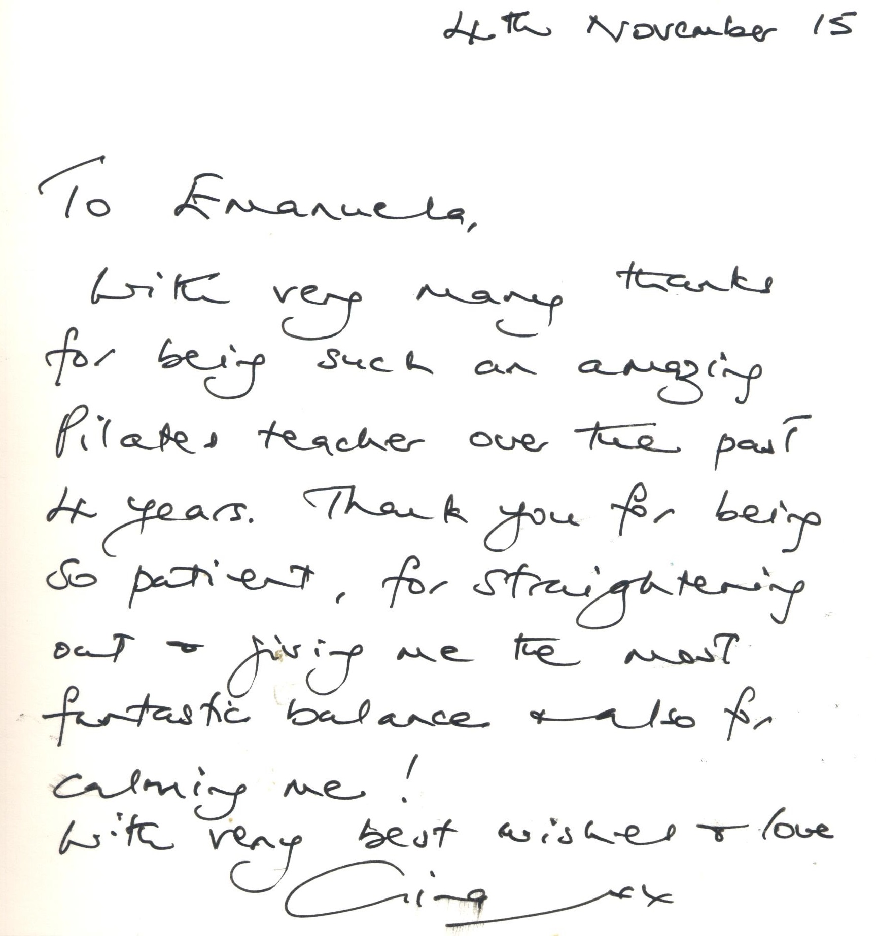 Feedback Note From Gina: with very many thanks for being such an amazing Pilates teacher